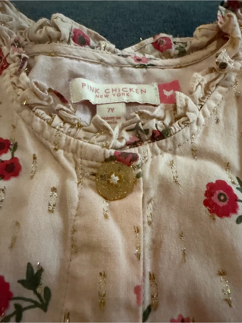 Pink Chicken Cream and Pink Floral Button-Front Dress with Gold Accents